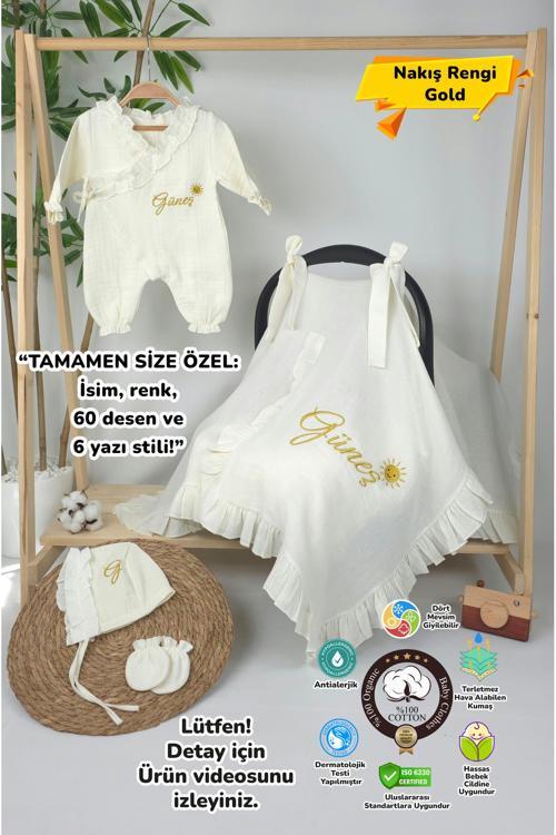 Müslin Yeni Doğan 4Katlı Organik %100Pamuk Kişiye Özgü Nakışlı Hastane Çıkış Seti-Güneş Model-1