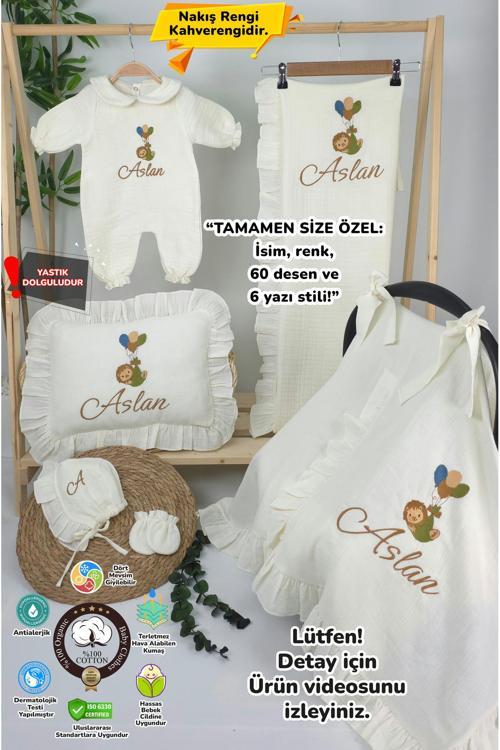 Müslin Yeni Doğan 4Katlı Organik %100Pamuk Kişiye Özgü Nakışlı Hastane Çıkış Seti-Aslan Model