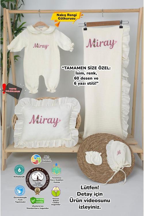 Müslin Yeni Doğan 4Katlı Organik %100Pamuk Kişiye Özgü Nakışlı Hastane Çıkış Seti (Papatya Model-12)