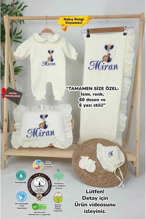 Müslin Yeni Doğan 4Katlı Organik %100Pamuk Kişiye Özgü Nakışlı Hastane Çıkış Seti (Balonlu Aslan-4)