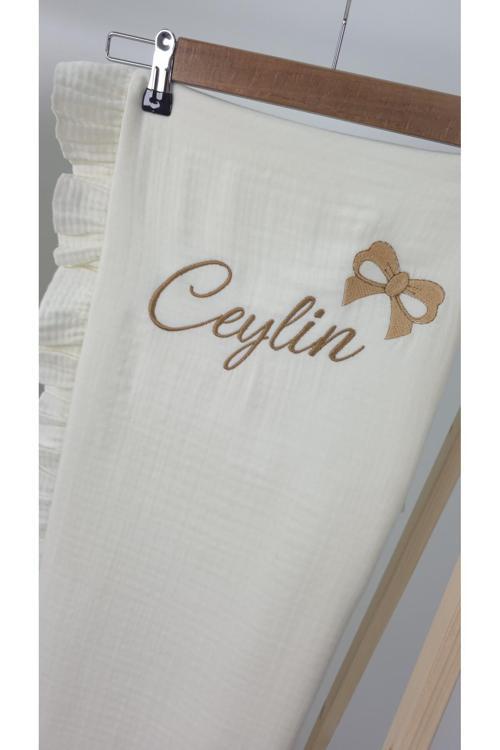 Müslin Yeni Doğan 4Katlı Organik %100Pamuk Kişiye Özgü Nakışlı Hastane Çıkış Seti-Kurdele Model