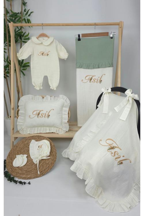 Müslin Yeni Doğan 4Katlı Organik %100Pamuk Kişiye Özgü Nakışlı Hastane Çıkış Seti (Papatya Model-3)