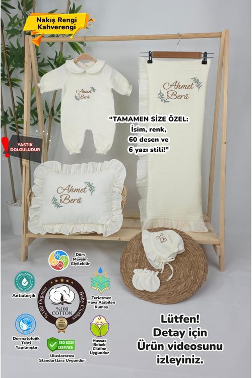 Müslin Yeni Doğan 4Katlı Organik %100Pamuk Kişiye Özgü Nakışlı Hastane Çıkış Seti (Dal Modell-2)