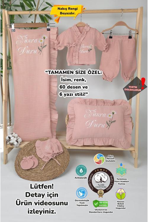 Müslin Yeni Doğan 4Katlı Organik %100Pamuk Kişiye Özgü Nakışlı Hastane Çıkış Seti (Pudra Papatyalı)