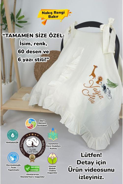 Müslin Yeni Doğan 4Katlı Organik %100Pamuk Kişiye Özgü Nakışlı Hastane Çıkış Seti (Safari Model-3)