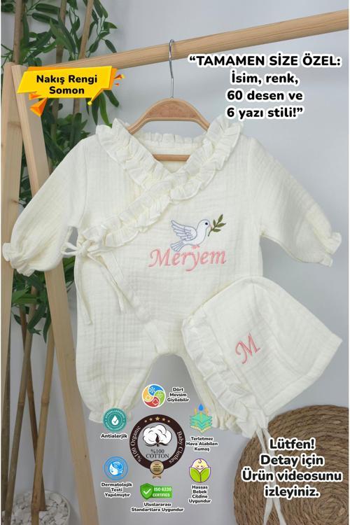 Müslin Yeni Doğan 4Katlı Organik %100Pamuk Kişiye Özgü Nakışlı Hastane Çıkış Seti (Kuş Model-3)