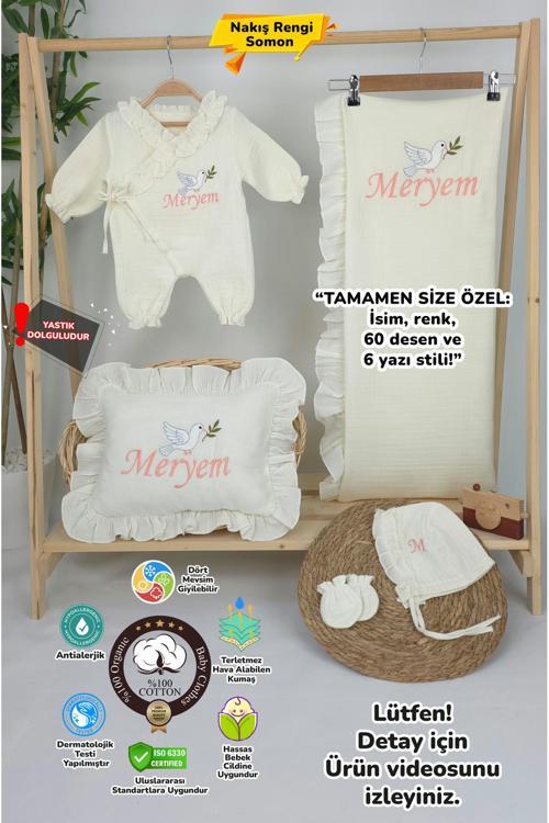 Müslin Yeni Doğan 4Katlı Organik %100Pamuk Kişiye Özgü Nakışlı Hastane Çıkış Seti (Kuş Model-3)