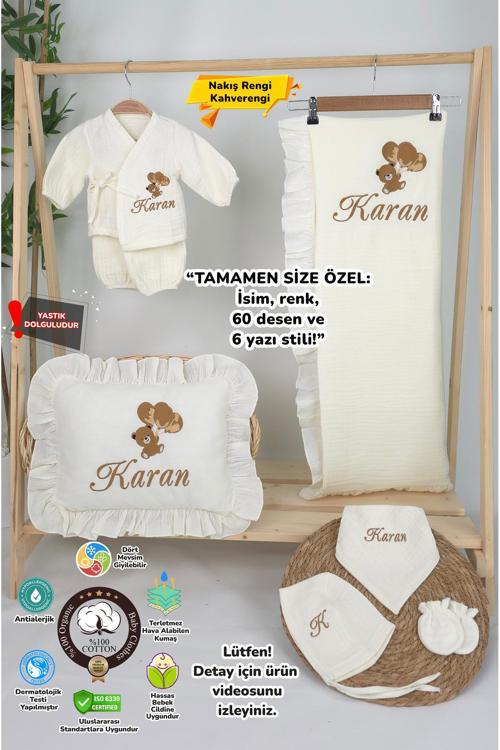 Müslin Yeni Doğan 4Katlı Organik %100Pamuk Kişiye Özgü Nakışlı Hastane Çıkış Seti (Ayıcık Model-6)
