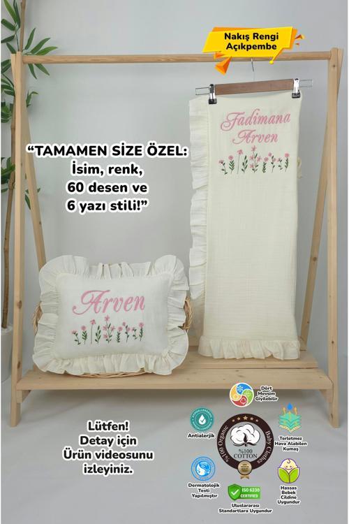 Müslin Yeni Doğan 4Katlı Organik %100Pamuk Kişiye Özgü Nakışlı Hastane Çıkış Seti (Çoklu Papatya)