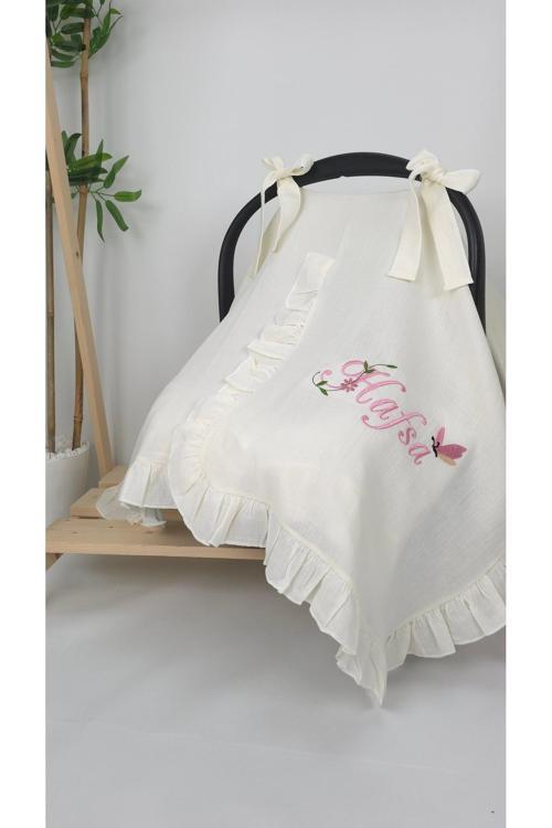 Müslin Yeni Doğan 4Katlı Organik %100Pamuk Kişiye Özgü Nakışlı Hastane Çıkış Seti(Kelebekli Papatya)