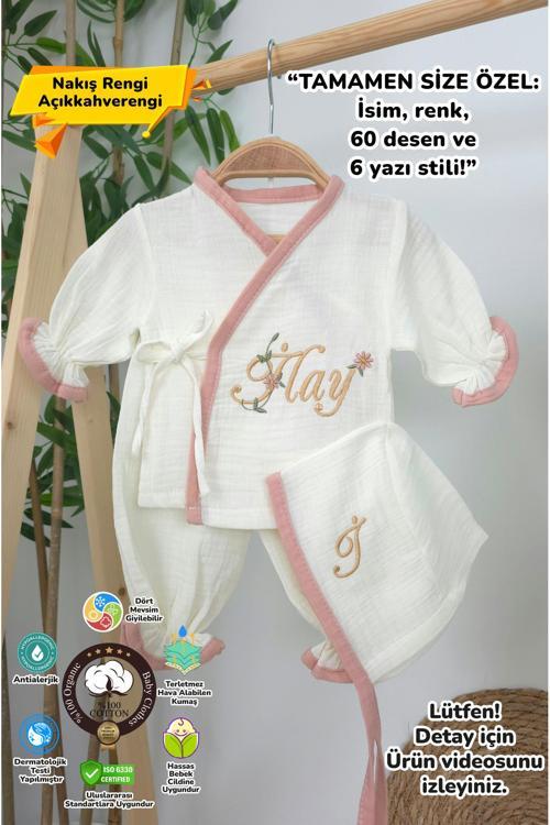 Müslin Yeni Doğan 4Katlı Organik %100Pamuk Kişiye Özgü Nakışlı Hastane Çıkış Seti (Papatya Model-9)