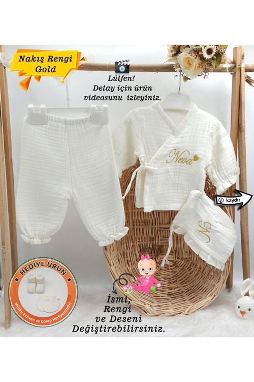 Yeni Doğan Müslin 3'Li Kimono Bağcıklı Tulum %100 Pamuk Organik (Kişiye Özgü İsimli Nakış Desenli)