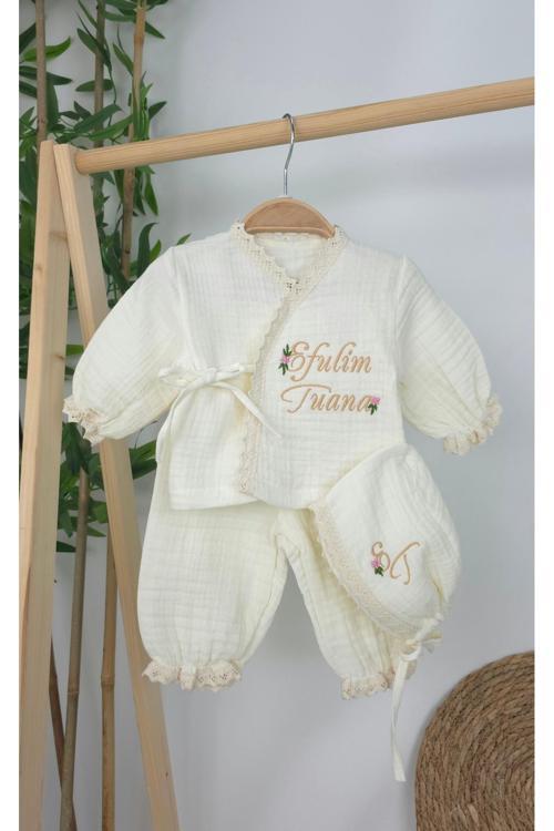 Müslin Yeni Doğan 4Katlı Organik %100Pamuk Kişiye Özgü Nakışlı Hastane Çıkış Seti (Papatya Model-6)