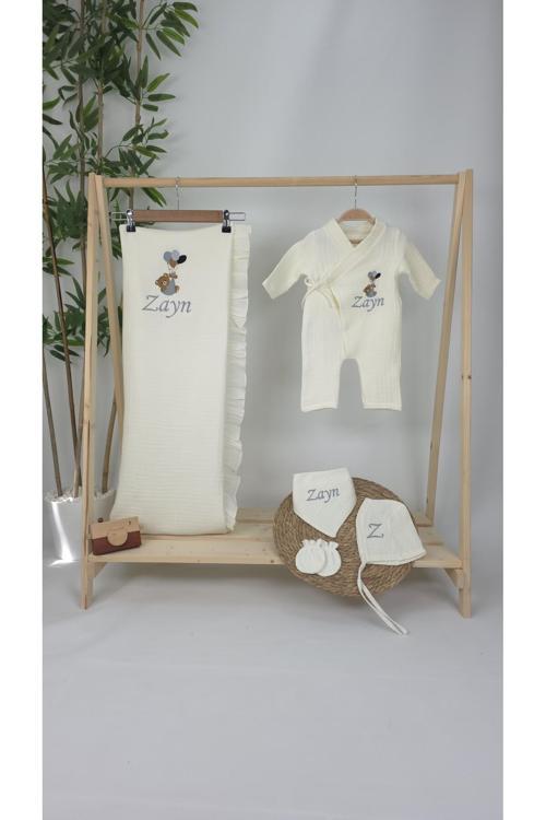 Müslin Yeni Doğan 4Katlı Organik %100Pamuk Kişiye Özgü Nakışlı Hastane Çıkış Seti (Balonlu Ayıcık-2)