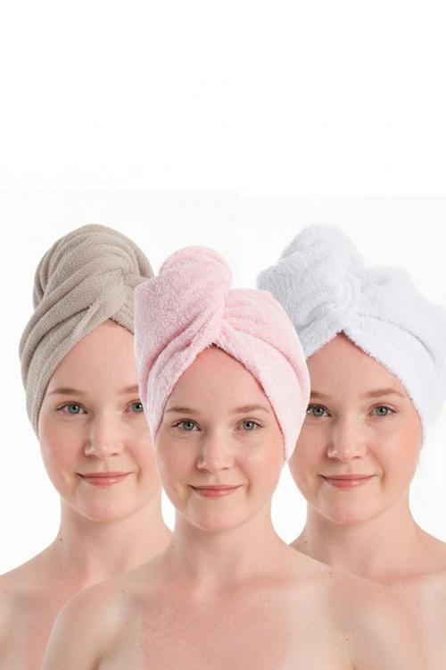  %100 Pamuk Bej-Pudra-Beyaz Havlu Bone Saç Kurutma Bonesi Kafa Havlusu Duş Banyo Bonesi Islak Saç Kur