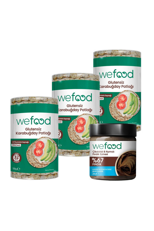 Çikolatalı Hurmalı Fındık Ezmesi 200 gr + Wefood Glutensiz Karabuğday Patlağı 100 gr 3'lü
