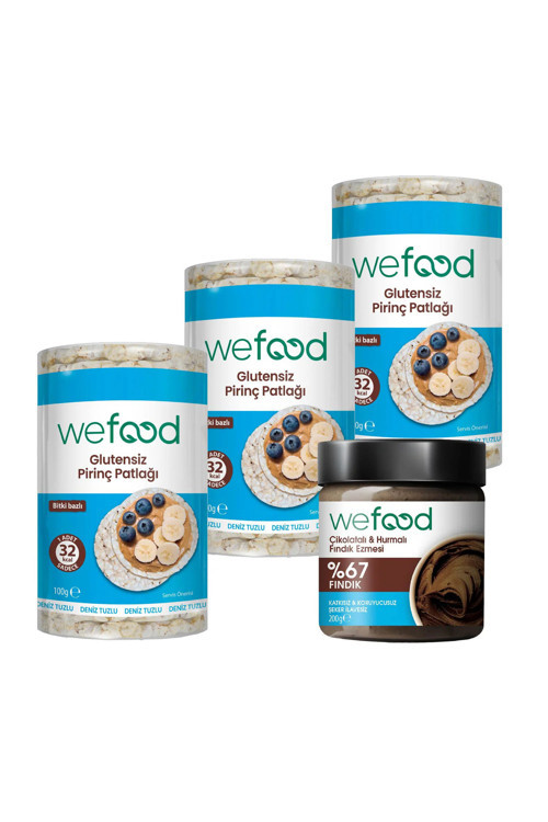 Çikolatalı Hurmalı Fındık Ezmesi 200 gr + Wefood Glutensiz Pirinç Patlağı 100 gr 3'lü