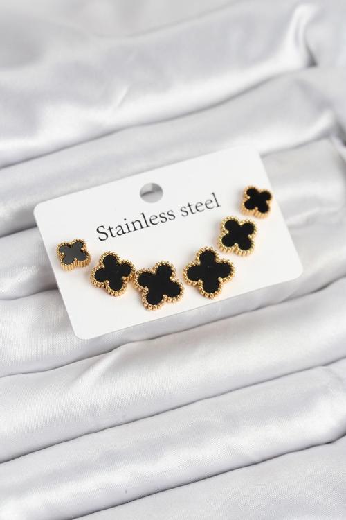 Gold Siyah Renk 3 Boy Yonca Küpe Seti - EBJ250920W37909