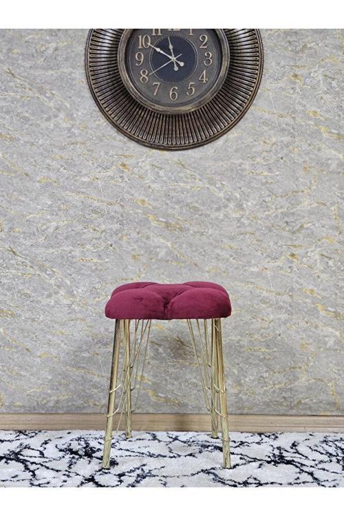 Kare Gold Kaplama Telli Ayaklı Tabure - Oturak - Bar Taburesi - Ayaklı Tabure Bordo Renk 48 x 33 Boyut/Ebat