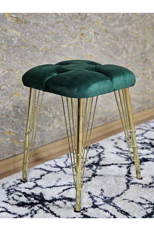 Kare Gold Kaplama Telli Ayaklı Tabure - Oturak - Bar Taburesi - Ayaklı Tabure Yeşil Renk 48 x 33 Boyut/Ebat