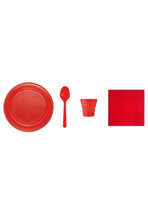 Kırmızı Plastik Tabak Plastik Bardak Plastik Kaşık Peçete Seti 95 Parça Sofra Seti Parti Seti