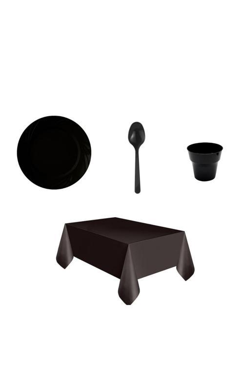 Siyah Plastik Tabak Plastik Bardak Plastik Kaşık Masa Örtüsü Seti 76 Parça Sofra Seti