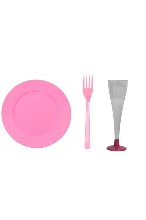 Pembe Mika Tabak Şampanya Kadeh Çatal Seti 18 Parça Sofra Seti Mika Set