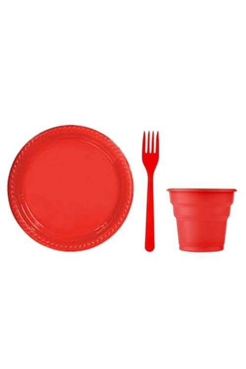 Plastik Tabak Bardak Çatal Set Kırmızı 25 Kişilik Doğum Günü Tabak Seti