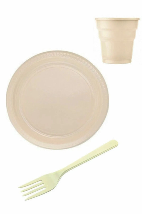 Plastik Tabak Bardak Çatal Seti Krem 25 Kişilik Doğum Günü Tabak Seti