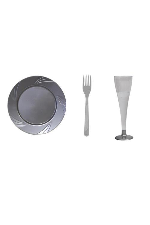 Gümüş-Gri Mika Tabak Şampanya Kadeh Çatal Seti 18 Parça Sofra Seti Mika Set