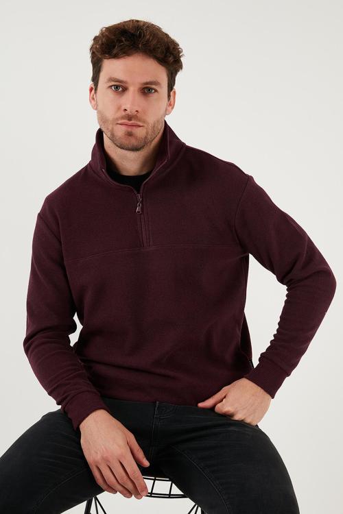Pamuklu Regular Fit Yarım Fermuarlı Dik Yaka Erkek Kazak 456112 MÜRDÜM