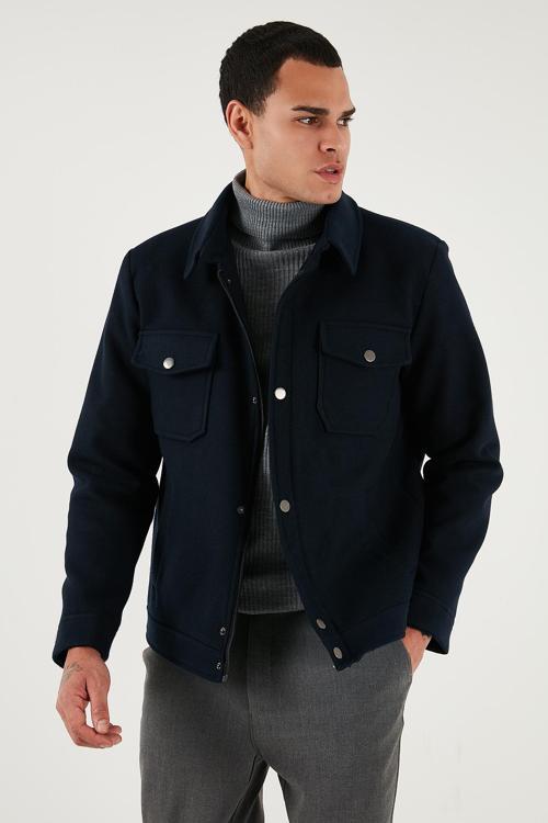 Slim Fit Ceket Yaka Astarlı Kaşe Erkek Kaban 58400347 LACİVERT