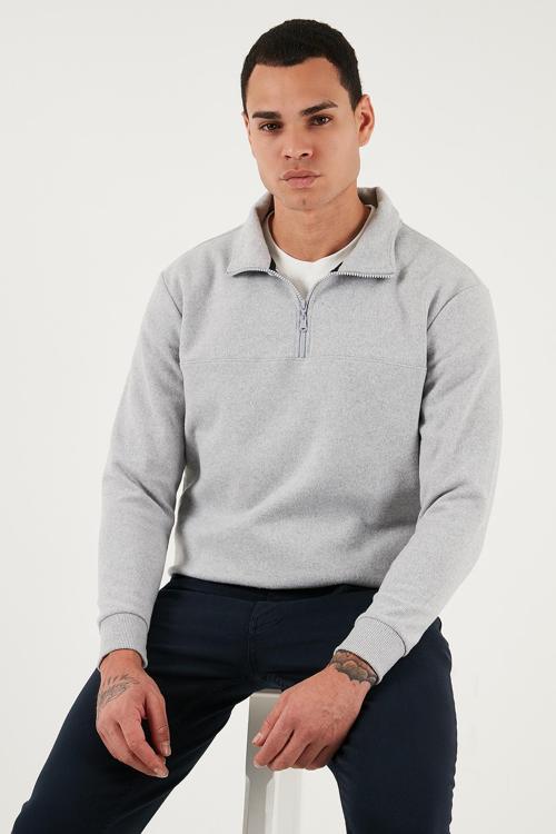 Pamuklu Regular Fit Yarım Fermuarlı Dik Yaka Erkek Kazak 456112 AÇIK GRİ