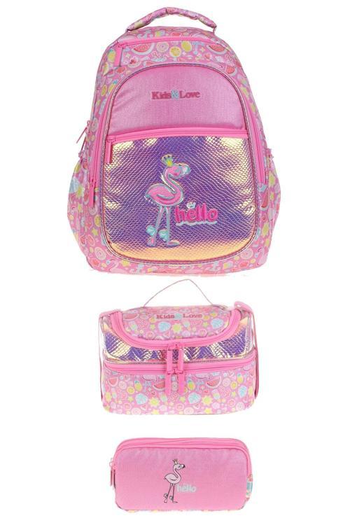 Kids&love 3 Lü Set Aynalı-simli Flamingo Sırt Çantası Ve Beslenme Çantası Ve Kalem Çantası