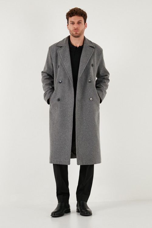 Loose Fit Kruvaze Yaka Uzun Astarlı Kaşe Erkek Kaban 681003 GRİ