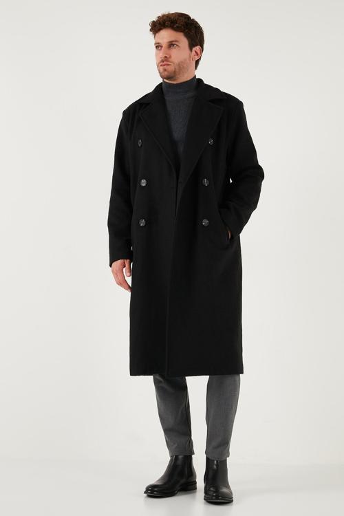 Loose Fit Kruvaze Yaka Uzun Astarlı Kaşe Erkek Kaban 681003 SİYAH