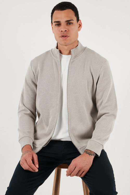 Pamuklu Relaxed Fit Dik Yaka Fermuarlı Erkek Hırka 5901075 TAŞ