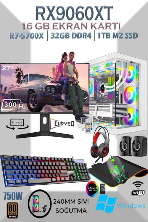 TCW99 Ryzen 7 5700X 32GB 1TB M.2 SSD RX9060XT 16GB 27'' 300HZ Sıvı Soğutmalı Beyaz Masaüstü Oyuncu Bilgisayarı
