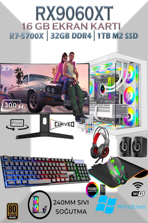 TCW99 Ryzen 7 5700X 32GB 1TB M.2 SSD RX9060XT 16GB 27'' 300HZ Sıvı Soğutmalı Beyaz Masaüstü Oyuncu Bilgisayarı