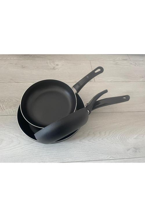 Teflon Tava Seti 16+20+24 Cm Mat Siyah Renk Teflon Tava Seti Yanmaz Yapışmaz 3'Lü Tava Seti