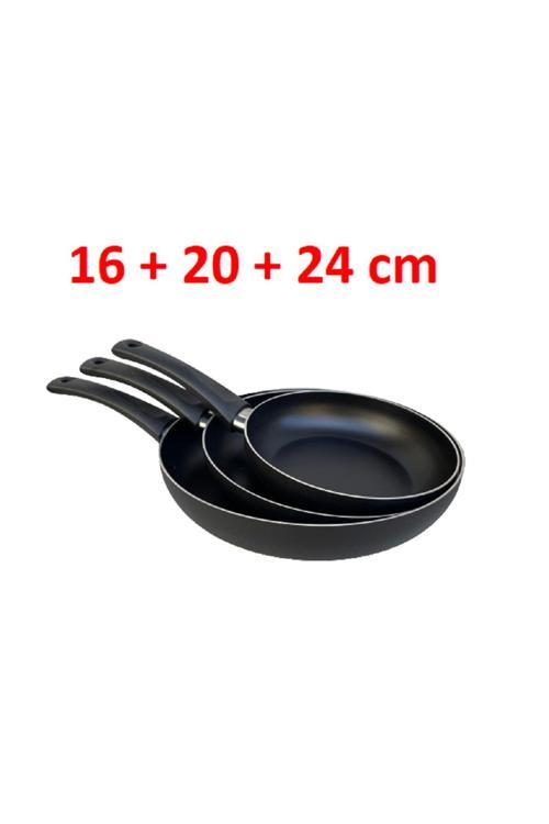 Teflon Tava Seti 16+20+24 Cm Mat Siyah Renk Teflon Tava Seti Yanmaz Yapışmaz 3'Lü Teflon Tava Set