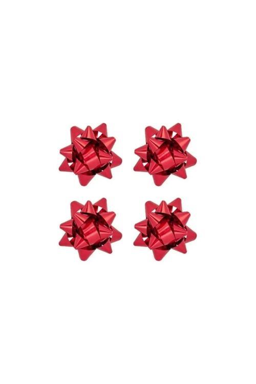 Kırmızı Metalik Yapışkanlı Fiyonk Yıldız Süs Gümüş Paket Süsleme 100 Adet