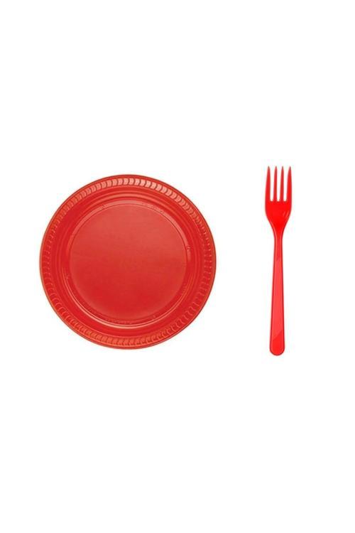 Kırmızı Plastik Tabak Plastik Çatal Seti Parti Seti 50 Parça Sofra Seti Parti Seti