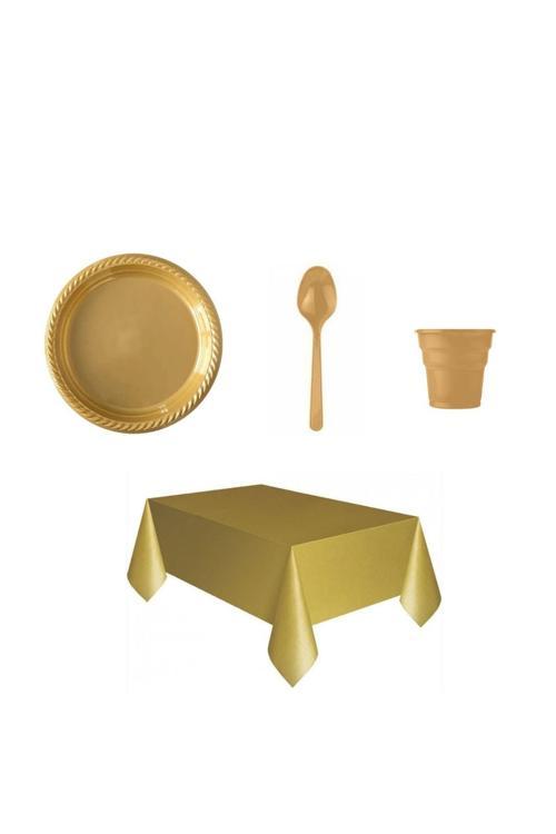 Gold Plastik Tabak Plastik Bardak Plastik Kaşık Masa Örtüsü Seti 76 Parça Sofra Seti