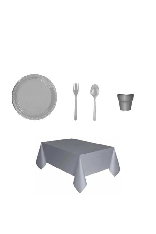 Gri Plastik Tabak Bardak Plastik Çatal Plastik Kaşık Masa Örtüsü Seti 101 Parça Sofra Seti