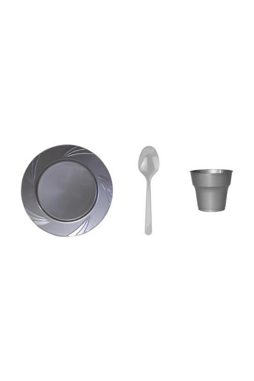 Gri Plastik Tabak Plastik Bardak Plastik Kaşık Seti 75 Parça Sofra Seti Parti Seti