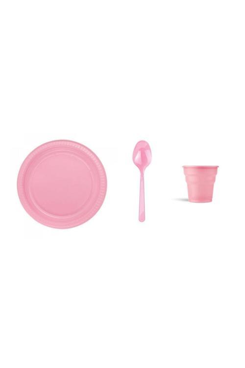 Pembe Plastik Tabak Plastik Bardak Plastik Kaşık Seti 75 Parça Sofra Seti Parti Seti