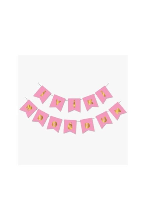 Pembe Üstüne Gold Altın Pembe  Zemin Parlak Gold Yazı İyi Ki Doğdun Bayrak