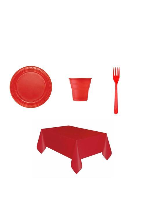 Plastik Tabak Bardak Çatal Masa Örtüsü Seti Kırmızı 76 Parça Sofra Seti Plastik Parti Seti
