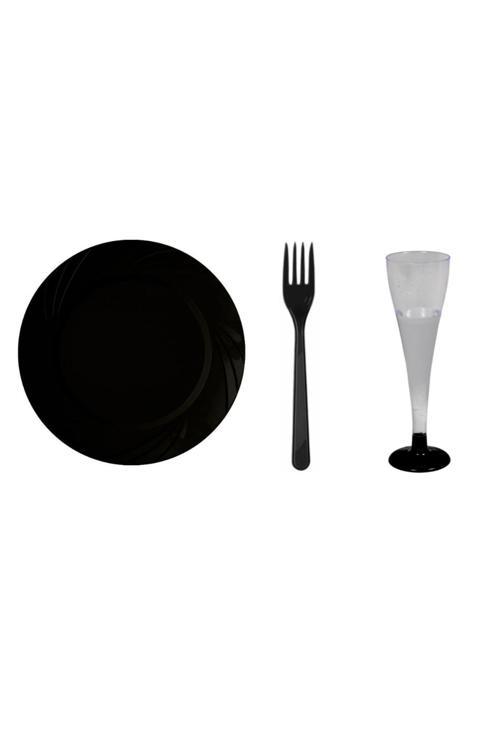 Siyah Mika Tabak Şampanya Kadeh Çatal Seti 18 Parça Sofra Seti Mika Set